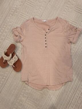 Women's Short Sleeve Henley Top - Blush Pink